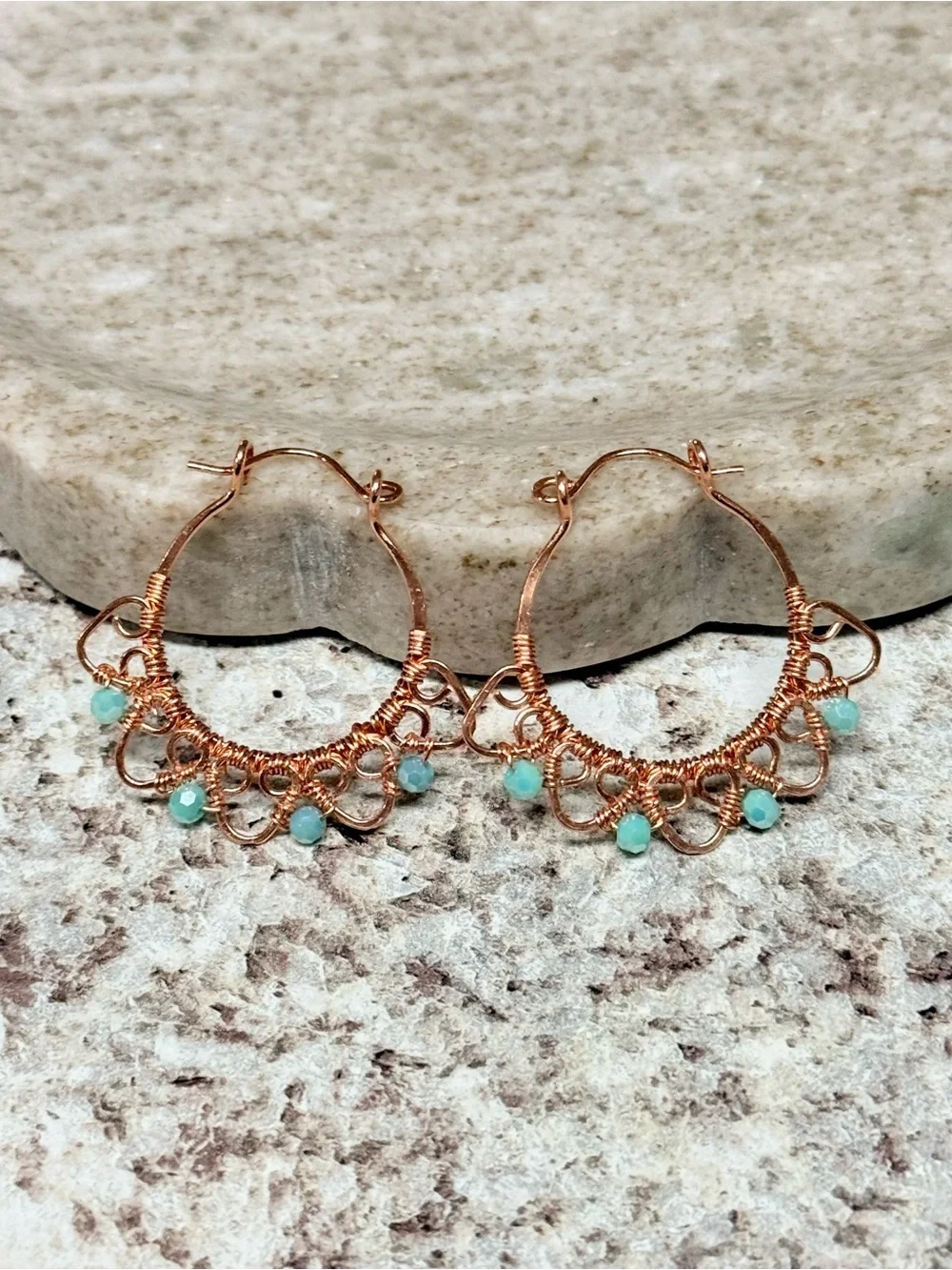 Exotic Handcrafted Filigree Hoop Earrings with Aqua Beads Accents
